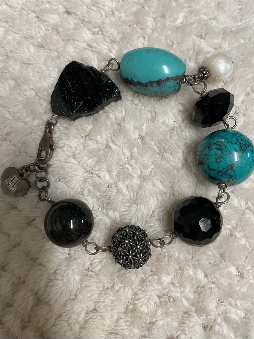 Hillberg & berk Turquoise & Black quartz gemstone Sterling Bracelet -